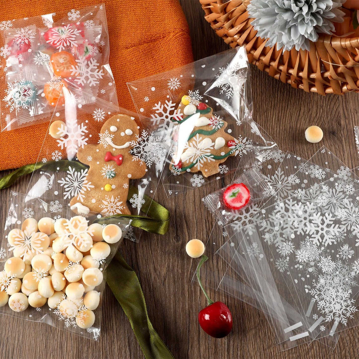 CUDICY Christmas Cookie Bags 300pcs Snowflake Cellophane Treat Bags 4x4 Self Adhesive Cookie Bag for Gift Giving Packaging Candy Goodie Holiday Homemade Bakery