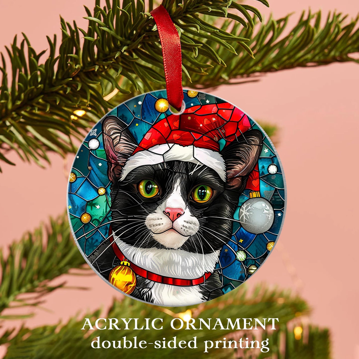 Fastpeace Tuxedo Cat Christmas Ornament with Santa Hat – Stained Glass Style Tree Decoration – Cute Hanging Gift for Cat Lovers, Friends, and Family