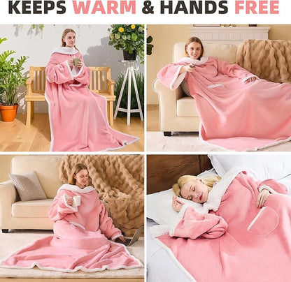 IFNOW Sherpa Wearable Blanket with Sleeves for Women Men Adults, Cozy Wearable Blanket with Arm and Pocket, Warm Full Body TV Wrap Throw Blanket, Soft Robe Blanket as Gifts for Mom Wife, Pink