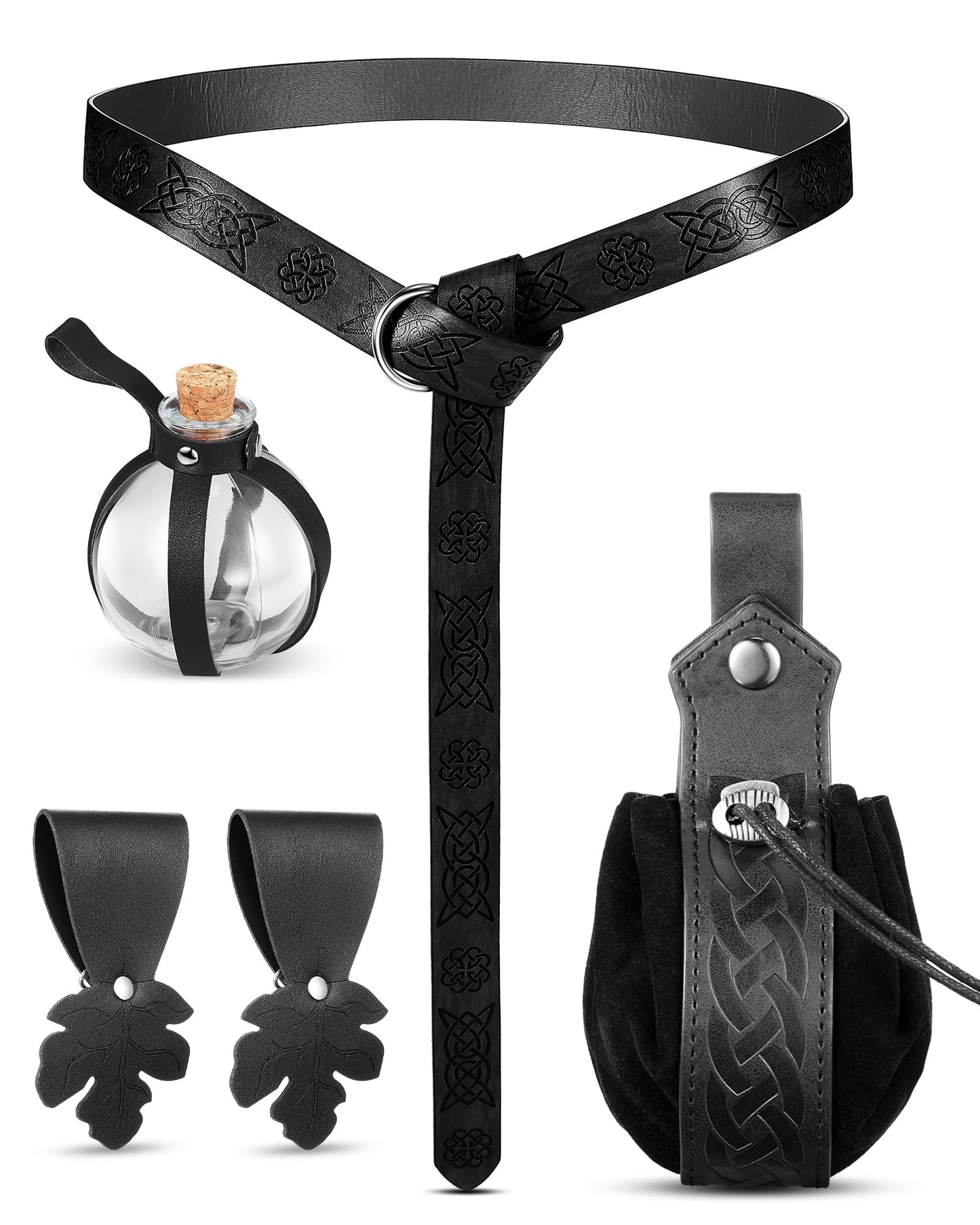 Sweetude 6 Pcs Renaissance Belt Accessories Medieval Viking Belt Potion Bottles Leather Pouch Skirt Hikes(Black,Classic Style)