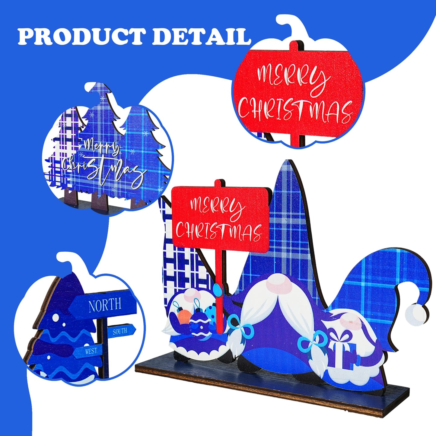 NEROSUN 5 PCS Christmas Table Centerpiece Decorations, Wooden Xmas Snowman Santa Claus Gnome Table Decorations Signs, Merry Christmas Table Toppers for Holiday Home Party Indoor Decor (Blue)