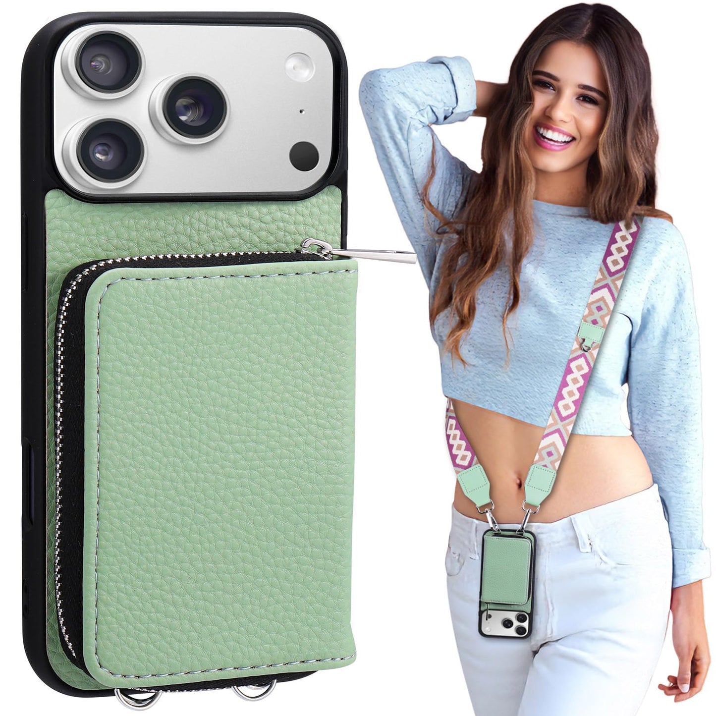 XANGNIER Wallet Case for iPhone 17 Pro Max with Strap, RFID Blocking PU Leather Crossbody Phone Purse with Card Holder, Zipper Pocket, Wrist Strap & Adjustable Lanyard for Women 6.9" 5G,Green