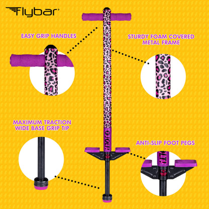 Flybar Jolt Pogo Stick for Kids, Perfect for Beginners w/ Foam-Covered Metal Frame, Handles & Padding, Non-Slip Foot Pads, Wide Tip, Outdoor Active Play Toy for Boys & Girls, Ages 6+, Leopard
