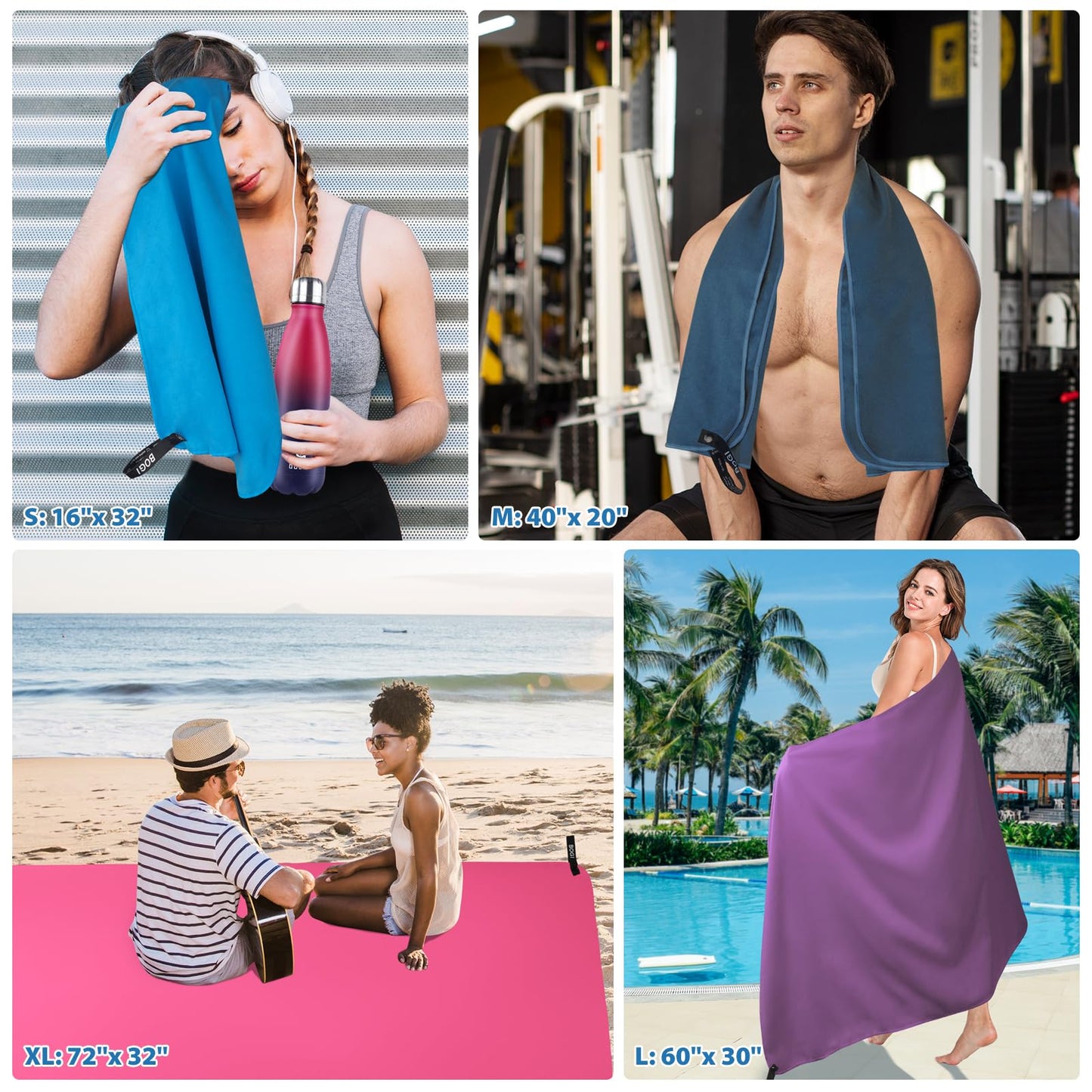 BOGI Microfiber Travel Sports Towel-Quick Dry Towel, Soft Lightweight Microfiber Camping Towel Absorbent Compact for Camping Gym Yoga Swimming Backpacking (L:60''x30''+16''x16''-Black)