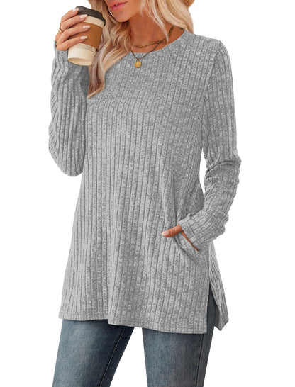 SAMPEEL Womens Sweaters Crewneck Long Sleeve Shirts with Pockets Fall Outfits 2025 Fashion Winter Clothing Side Slit