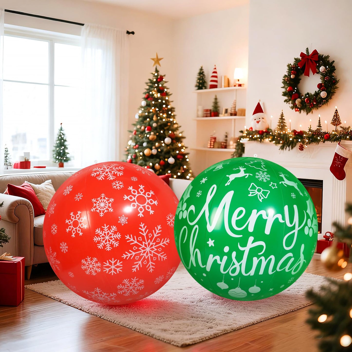 Wlicon 2 PCS 32 Inch Large Christmas Inflatable Balls Outdoor Inflatable Christmas Ball Ornaments for Xmas Garden Lawn Yard Holiday Front Door Window Decoration