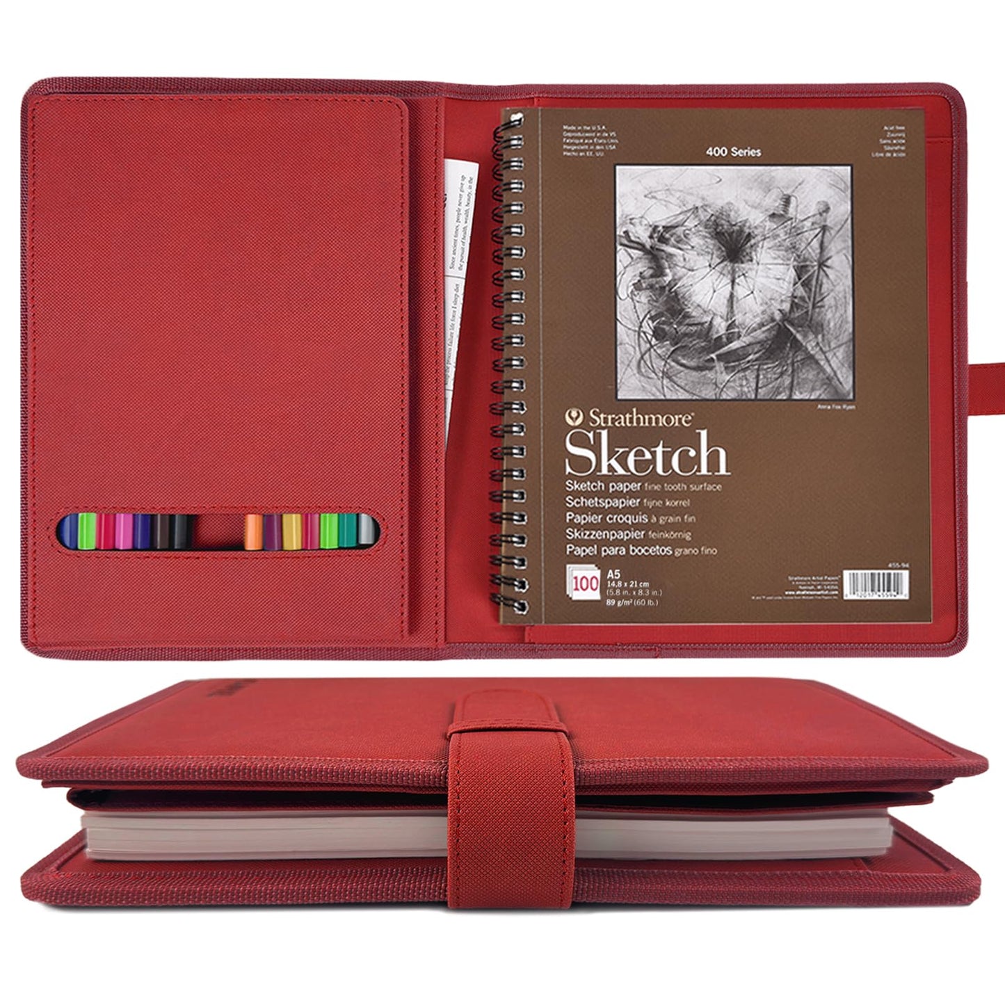 Plinyvel Travel Sketch Case & Cover: Leather Organizer Fits 5.5x8.5 Sketch Book & Spiral Pad | All-in-One Art Kit with Pencil Holder | Compact for Artists, Beginners & Travel (Red
