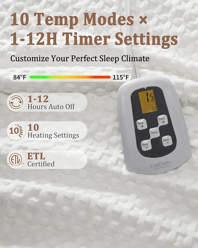 CAROMIO Heated Blanket Twin Size, Waffle Weave Electric Throw Blanket Fast Heating with LCD Controller, 10 Heat Levels & 1-12H Time Settings Auto Off, ETL Certified, Off White, 62" x 84"