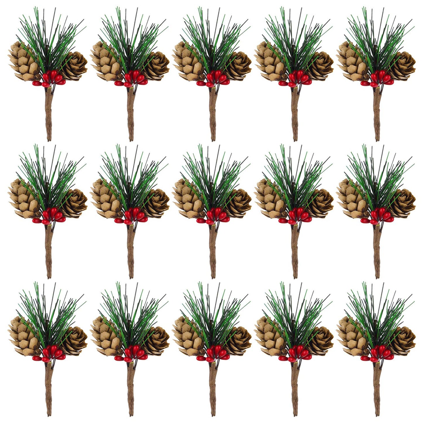 CHRORINE 15 Pcs Artificial Pine Cone Picks and Red Berry Mini Artificial Pine Tree for Christmas Party Flower Wreaths and Holiday Decorations