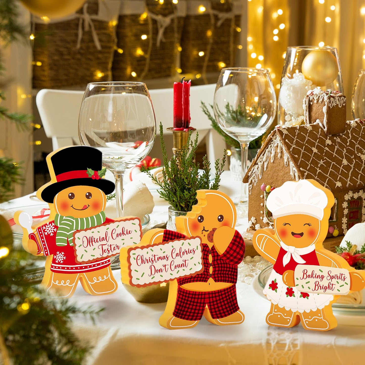 COCHIE Gingerbread Man Christmas Decorations Indoor, Cute Gingerbread Man Tiered Tray Decor Set of 3, Wooden Gingerbread Man Blocks Xmas Table Decoration for Party Home Office Shelf Door (Kitchen)