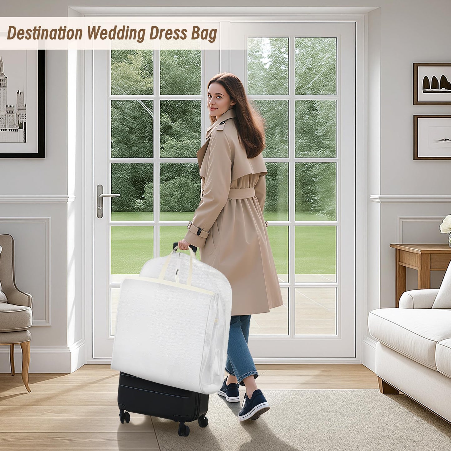 KIMBORA 72” Wedding Dress Garment Bag with 15” Gusset Bridal Dress Bags for Gowns Long Storage and Travel Large Mesh Pockets Hanging Garment Cover for Women, White