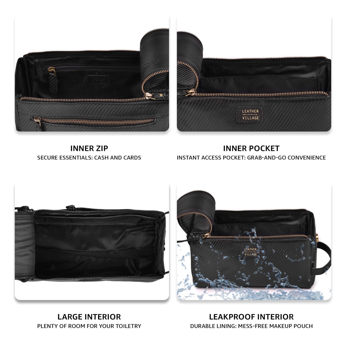 LEATHER VILLAGE Genuine Carbon Fiber Genuine Leather Travel Toiletry Bag - Large Dopp Kit, Water-Resistance Bathroom & Shaving Organizer for Men & Women - Black