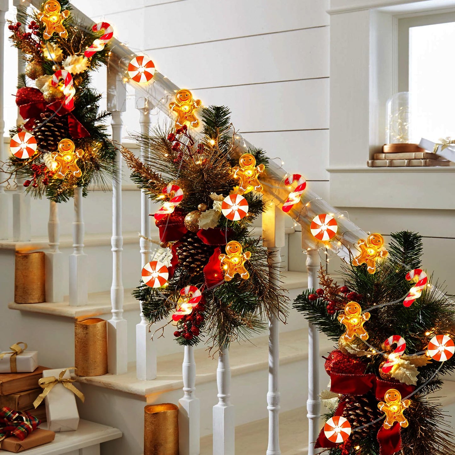 CRAFLOX [Timer Christmas Gingerbread Decorations, 16Ft 40LED Candy Cane Christmas Fairy Lights Battery Operated, Xmas Gingerbread Man String Lights Decorations Indoor Holiday Party Tree Decor