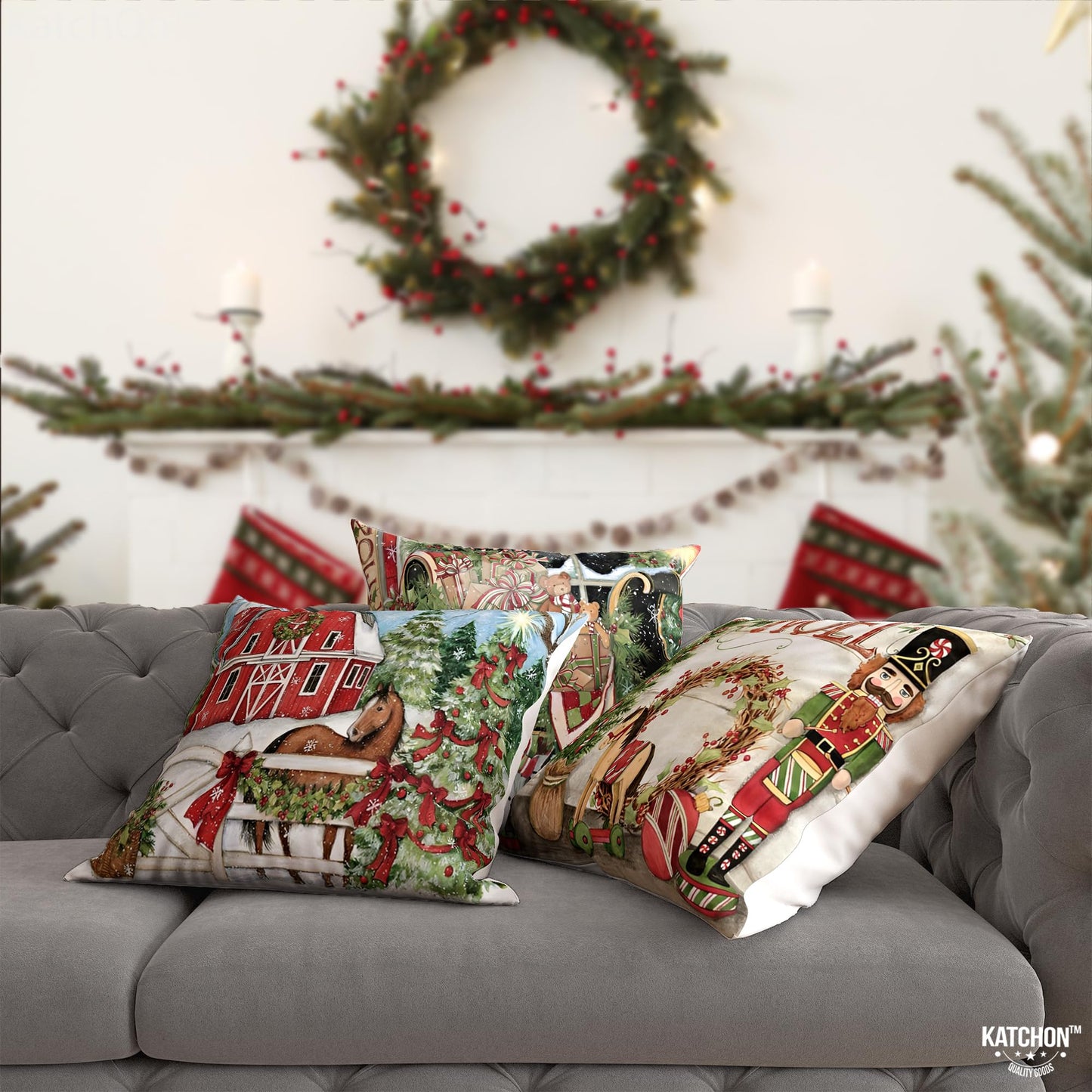 KatchOn, Farmhouse Christmas Pillow Covers 18x18 - Pack of 4 | Farmhouse Pillow Covers, Holiday Pillow Covers | Christmas Throw Pillow Covers for Christmas Decorations | Snowman Pillow Covers 18x18