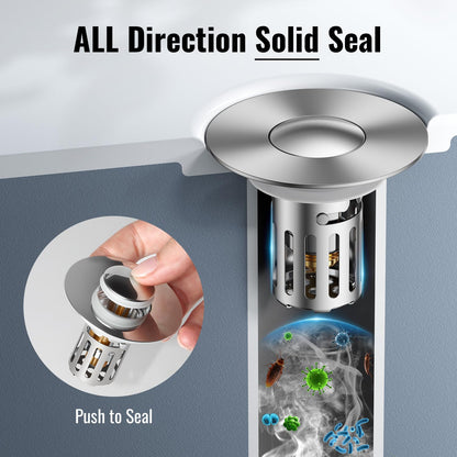 5-in-1 Bathroom Sink Stopper, 2 Pc Pop-Up Drain Stopper with Removable Hair Catcher, Anti-Clog Strainer, Odor Blocking & One-Way Flow Design, Brass & Stainless Steel All Metal Made, Fit 1.1"–2.36"