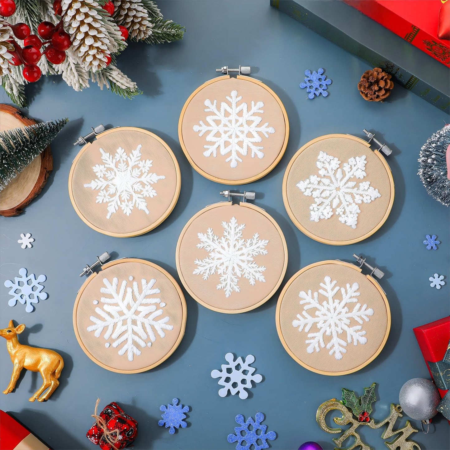 Roowest 6 Sets Christmas Embroidery Kits for Beginners Adults Winter Snowflake Cross Stitch Embroidery Ornament Kit DIY Craft Needlepoint Set with Pattern Instructions Thread Needle Ribbon(Tan)