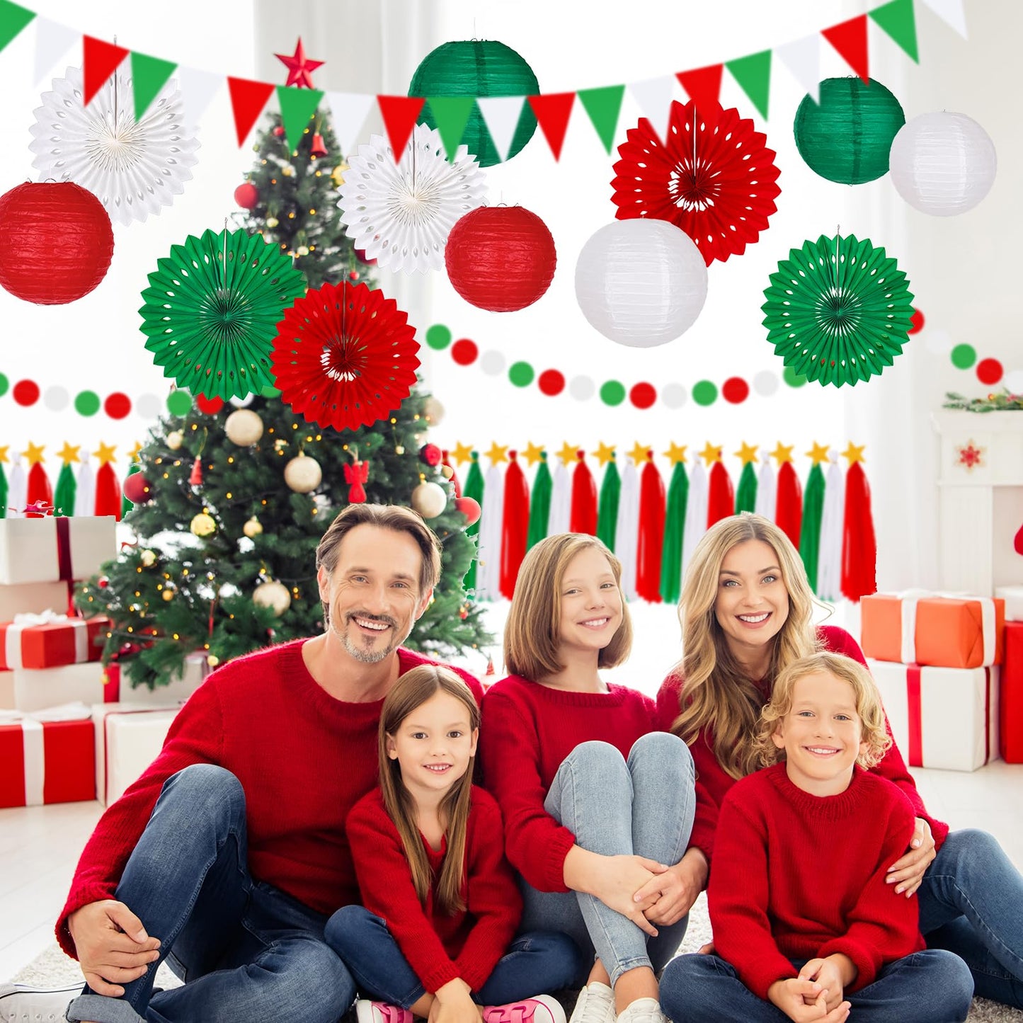 FYSUIMU 18Pcs 3D Christmas Paper Lantemm Decoration Garland Set Red Green White Hanging Buntina Banner paper Fans Tassel for Xmas Holiday Party decor