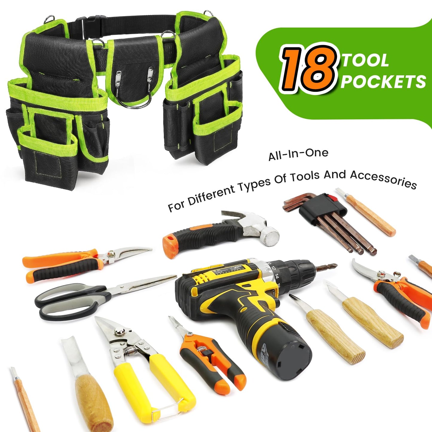 Tool Belt, Professional Tool Belts for Men, Magnetic Tool Pouch With Suspenders, Heavy Duty Detachable Adjustable Utility Belt Work Bags for Electrician, Carpenter (Black and Green, 32"-66")