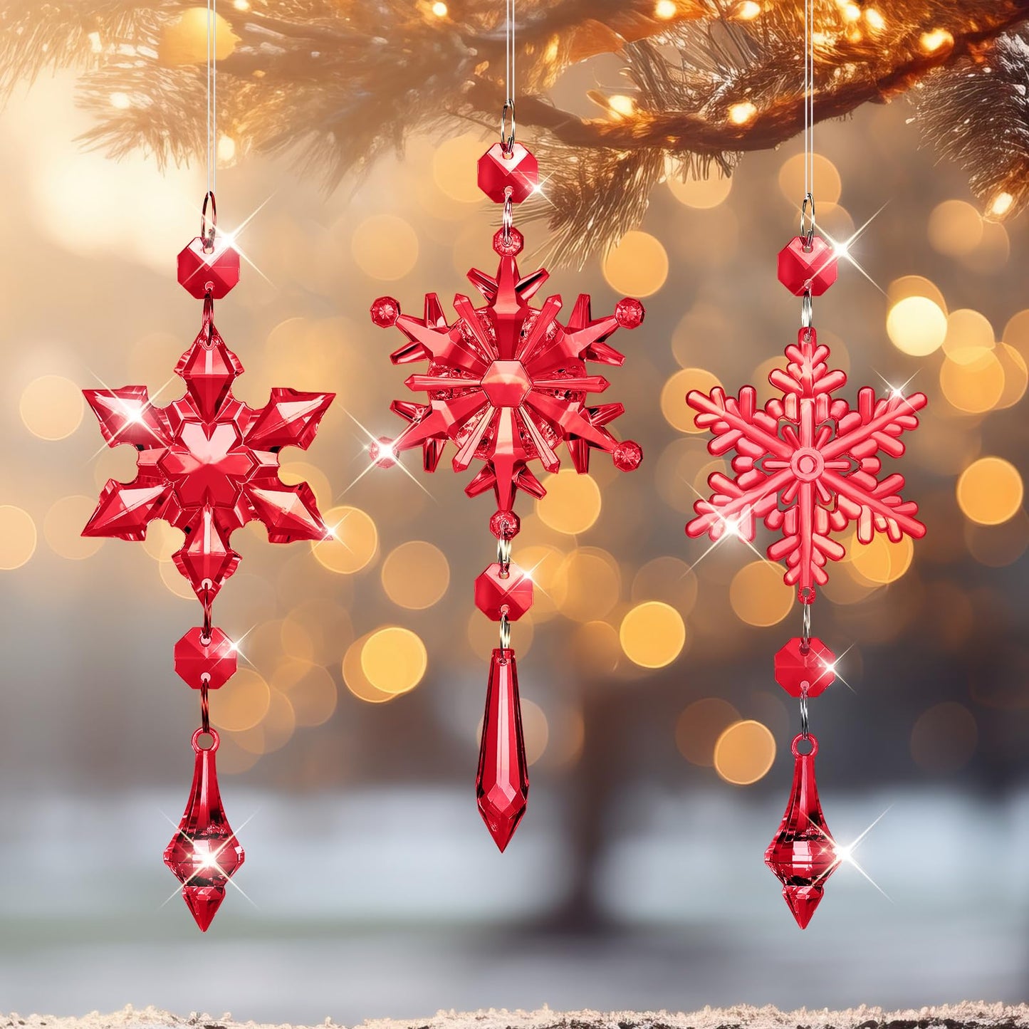 Boao Red 15 Pcs Crystal Snowflake Ornaments for Winter Acrylic Snowflake Decorations Wonderland for Party Favor Celebration