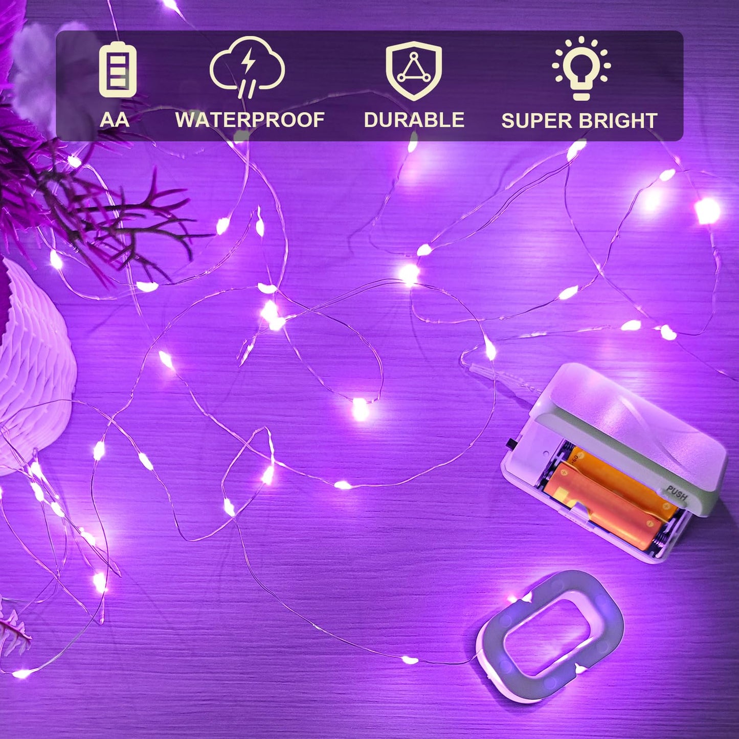 Aogist 2-Pack 16FT Fairy Lights with Spool,Ultra-Bright 50 LEDs Battery Operated Copper Wire String Light for Bedroom Christmas Wedding Centerpiece Parties Decoration,Purple