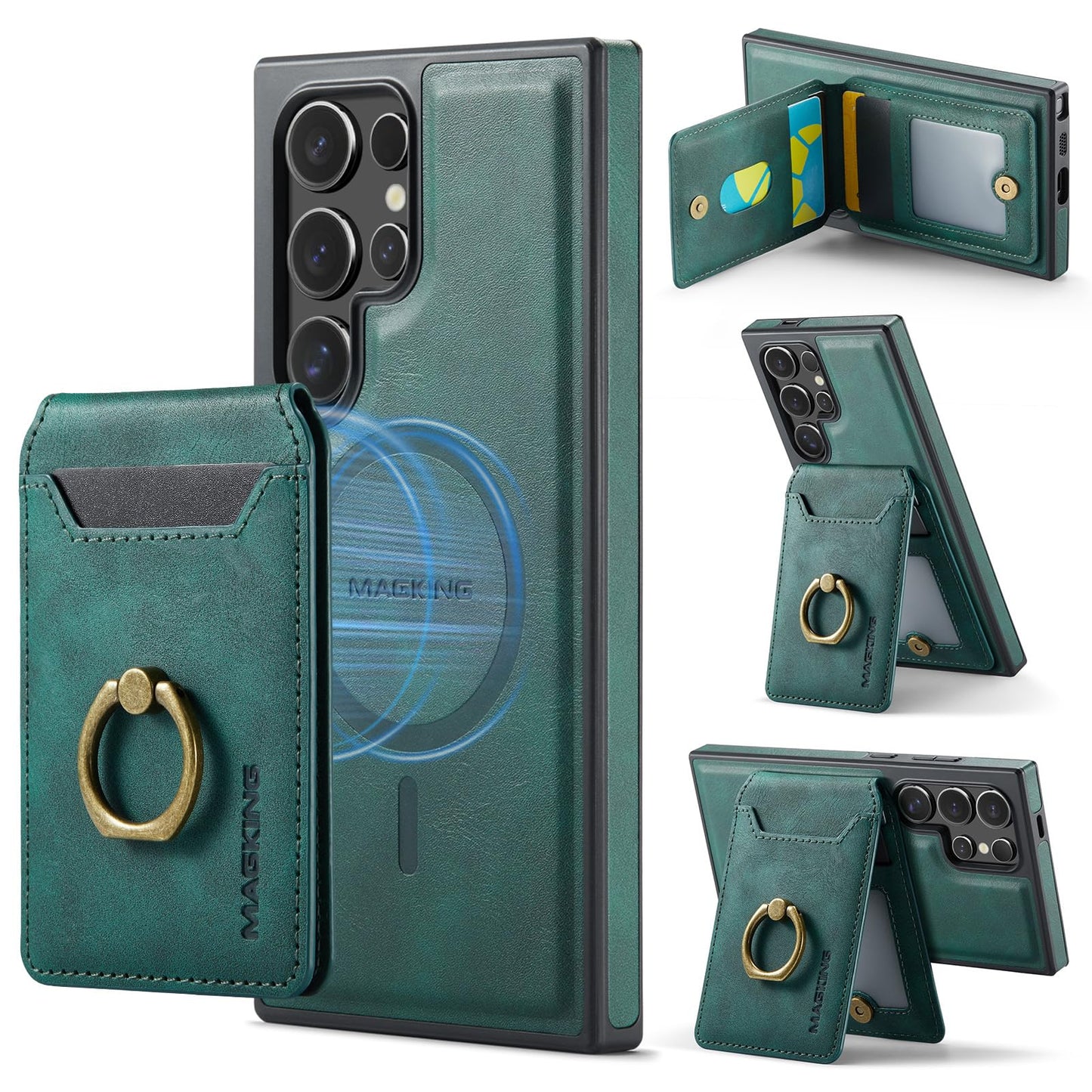 Konstreet for Samsung Galaxy S26 Ultra 2 in 1 Detachable Card Bag Wallet Case Durable Leather Wallets Magnetic Card Holder 4 Card Slots Ring Stand RFID Blocking Green