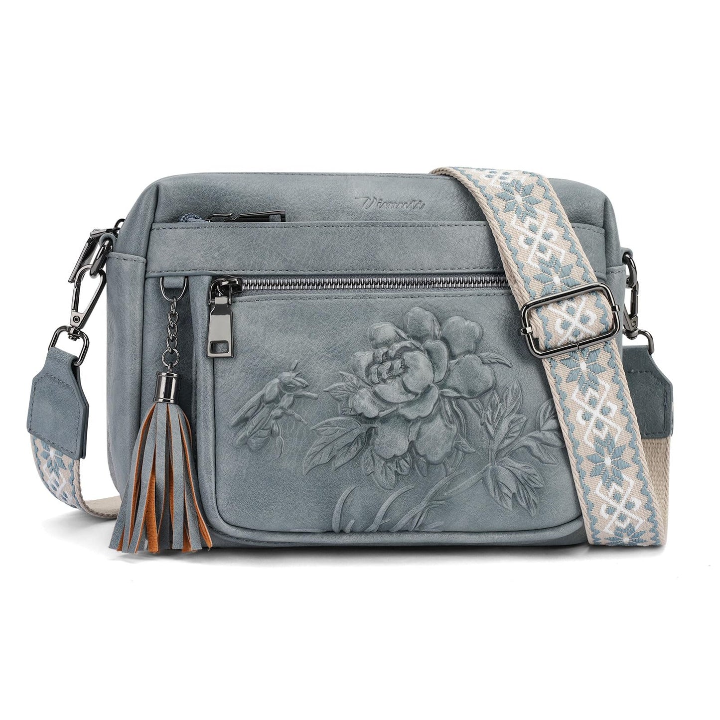 VIMUTI Crossbody Bags for Women Trendy, Vegan Leather Crossbody Purses Travel Shoulder Handbags Embossed Design (Blue)