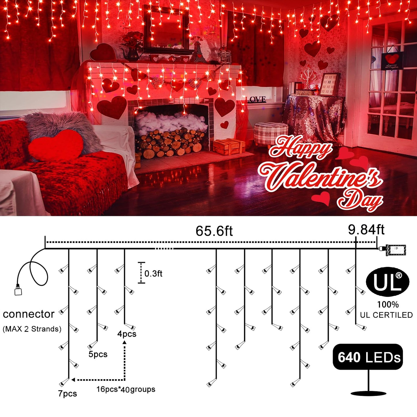 Einiiya Icicle Lights for Outside, 66ft 640 LED Icicle Christmas Lights Outdoor with 120 Drops 8 Modes, Waterproof Red Christmas Light for House Plug in for Indoor Party Holiday Halloween Decorations