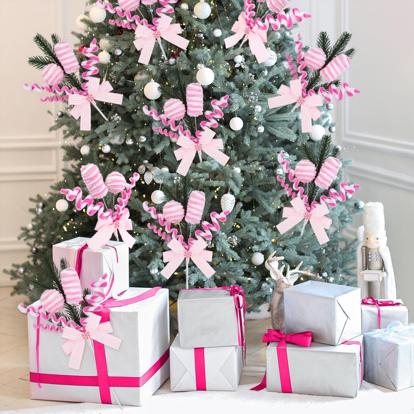 Pastel Candy Cane Christmas Tree Picks Set of 4, Pink Peppermint Ornament Sprays with Bows and Greenery, Christmas Tree Topper Decorations, Candyland Christmas Decor for Tree, Wreath and Garland