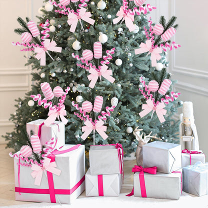 Pastel Candy Cane Christmas Tree Picks Set of 4, Pink Peppermint Ornament Sprays with Bows and Greenery, Christmas Tree Topper Decorations, Candyland Christmas Decor for Tree, Wreath and Garland