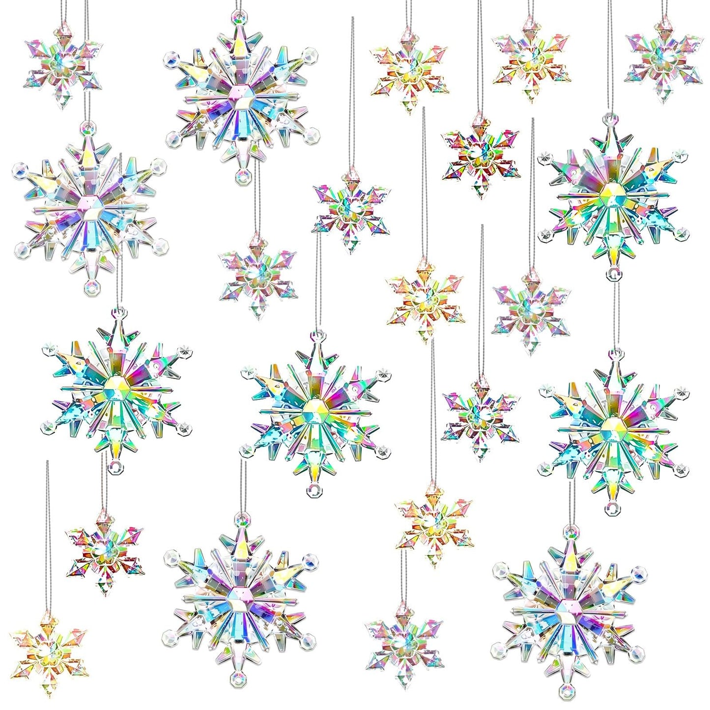 BOARDFEB 60Pcs Christmas Acrylic Snowflake Ornaments Winter 3D Translucent Snowflake Hanging Ornaments for Tree Crystal Iridescent Pendants with Rope for Holiday Party DIY Decor (Laser)