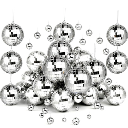 37 Pcs Mini Disco Mirror Ball Ornaments, Silver Disco Mirror Ball, Fun Silver Hanging for Party Decoration, Christmas Tree Ornaments Disco Ball Cup Toppers Wedding Birthday Party Festive Dance