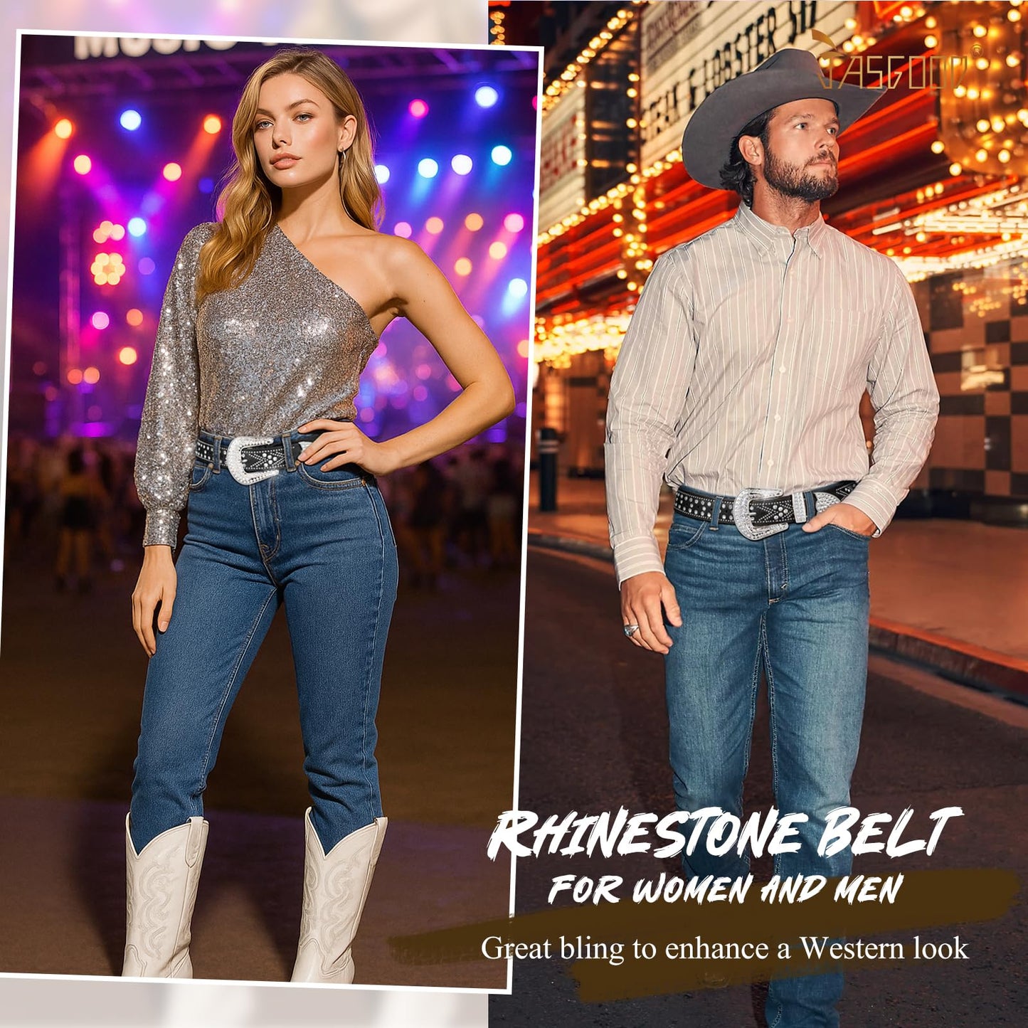 JASGOOD Rhinestones Belt for Women Men Plus Size Western Cowboy Cowgirl Studded Diamond Leather Waist Belt for Jeans Pants