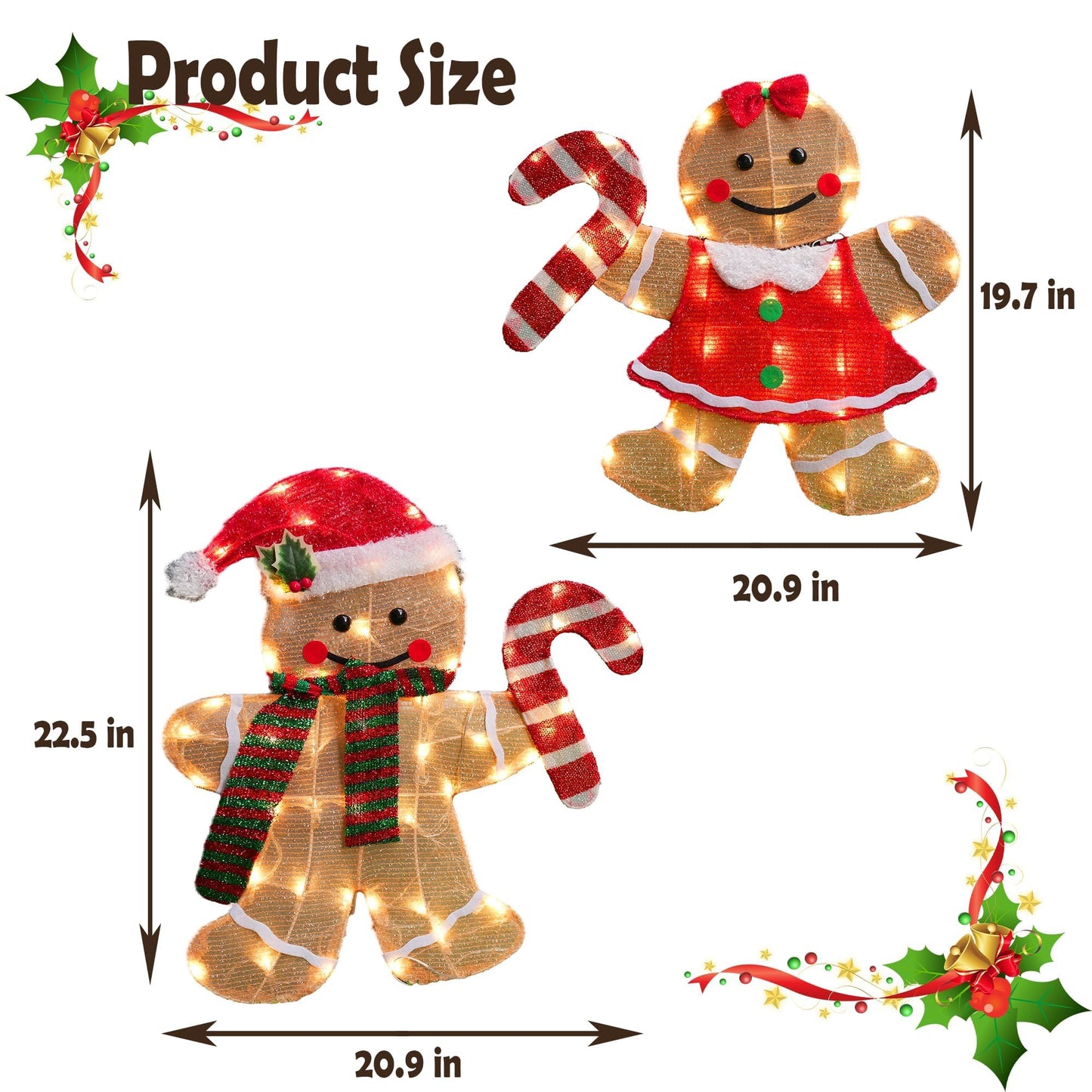 TW SHINE Christmas Outdoor Decorations Yard, Set of 2 Lighted 2D Gingerbread Man with 90 Warm White Lights, Light Up Gingerbread Man Couple for Xmas Holiday Front Garden Patio Lawn Display