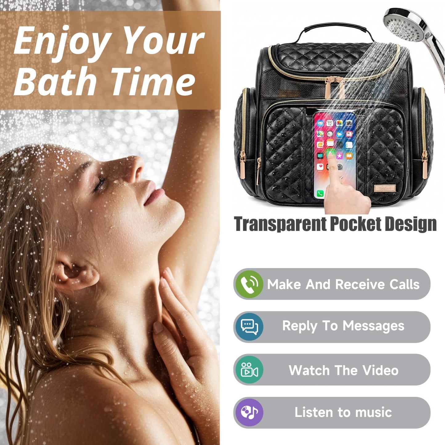 Large Leather Toiletry Bag for Women Men,Bathroom Bag,Water Resistant Shower Bag,Makeup Bag,Portable Shower Caddy for College Dorm,Hanging Travel Toiletry Bag with Transparent Waterproof Phone Pocket