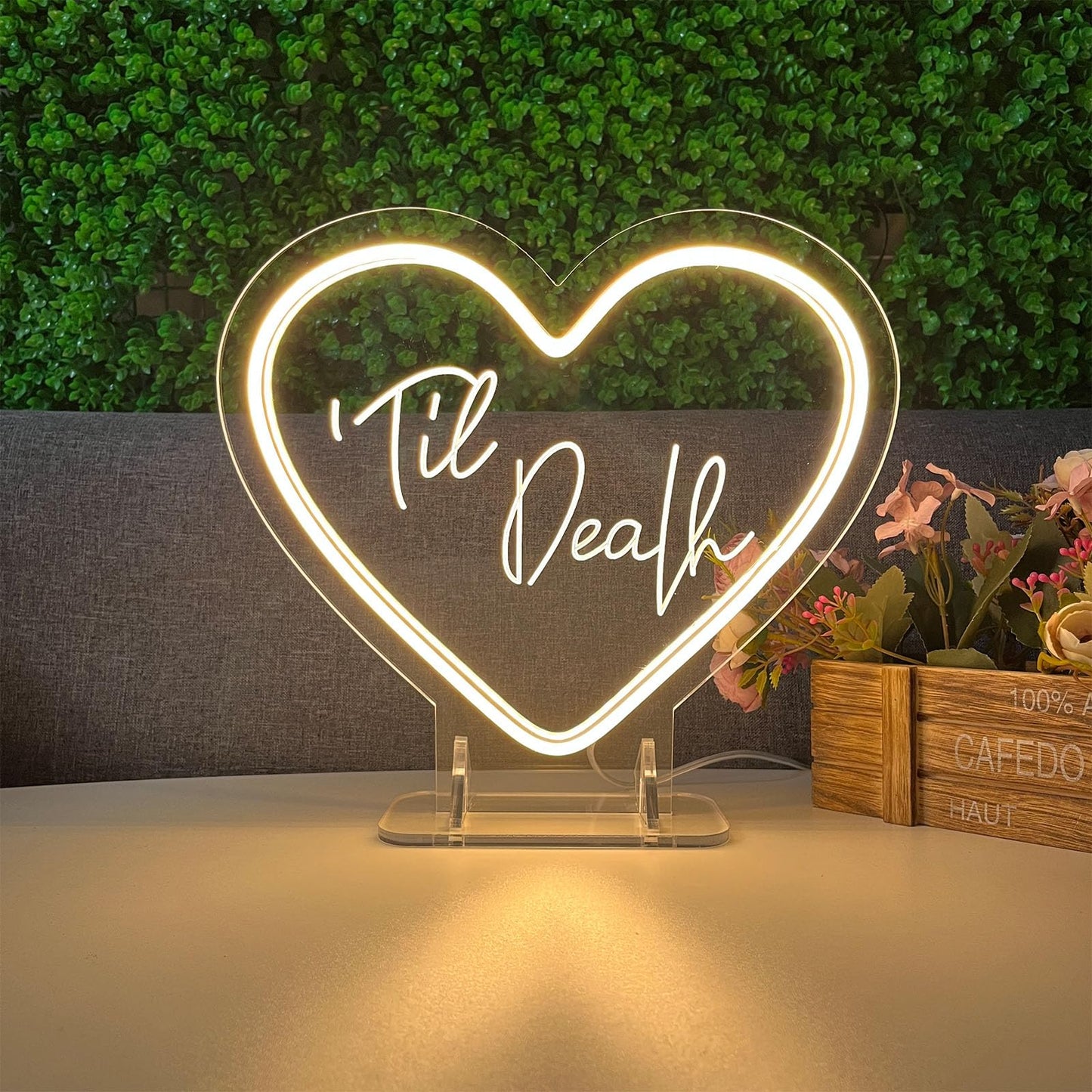 Til Death Neon Sign Desk Lamp for Wall Decor Night Light Wedding Letter LED Neon Sign Wedding Table Decorations Neon Light Bedroom Home Room Decor Christmas Party Warm White USB 30×26CM