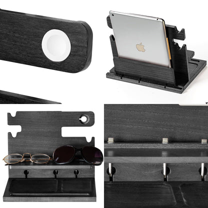 Black Wood Phone Docking Station for up to 3 Phones - Nightstand Organizer for Men & Women, Compatible with Apple Watch, Holds Phones, Tablets, Keys, Rings, Glasses, Watches, EDC & More