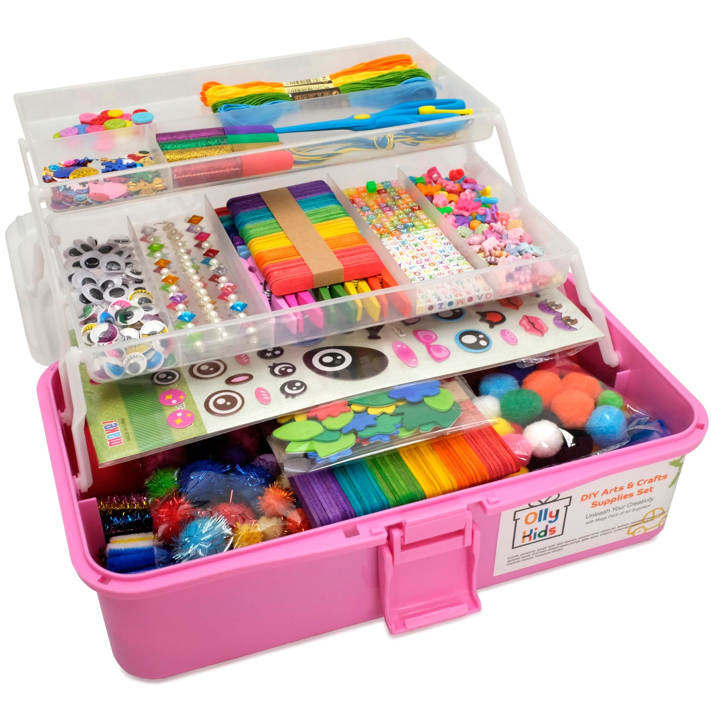 Olly Kids Arts and Crafts Supplies for Kids Girls 4 5 6 7 8 9 10 11 & 12- Ultimate Crafting Supply Carboodle in Portable 3 Layered Plastic Art Box