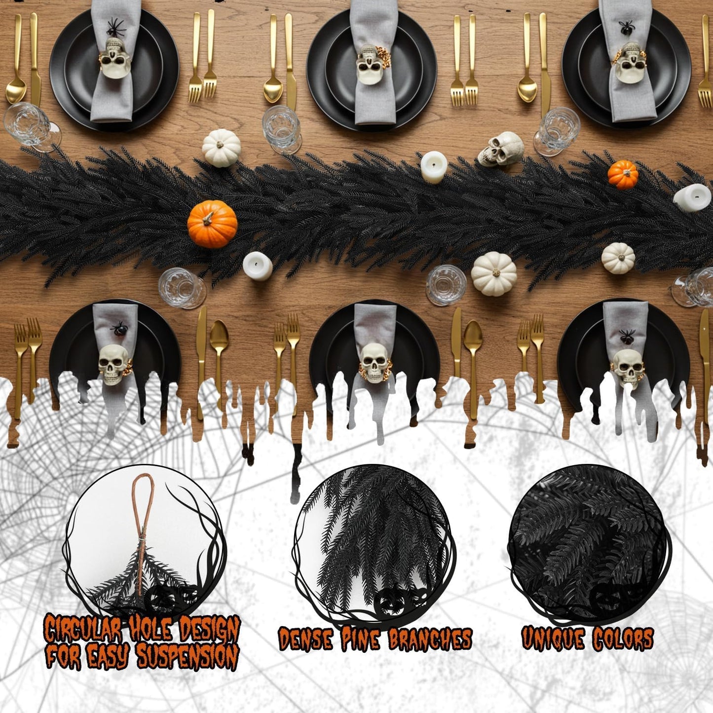 N&T NIETING 5.9FT Black Artificial Norfolk Pine Garland Real Touch Halloween Garlands Faux Garland for Table Mantle Holiday Fireplace Indoor Outdoor Halloween Christmas Decorations
