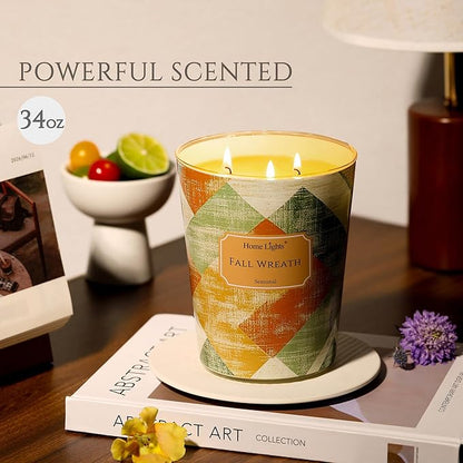 HomeLights Large jar Candle | 3-Wick Long-Lasting Scented Candles, 34oz Natural Soy Wax Candle for Home Scented, Rustic Modern Gifts for Women & Men, Fall Wreath