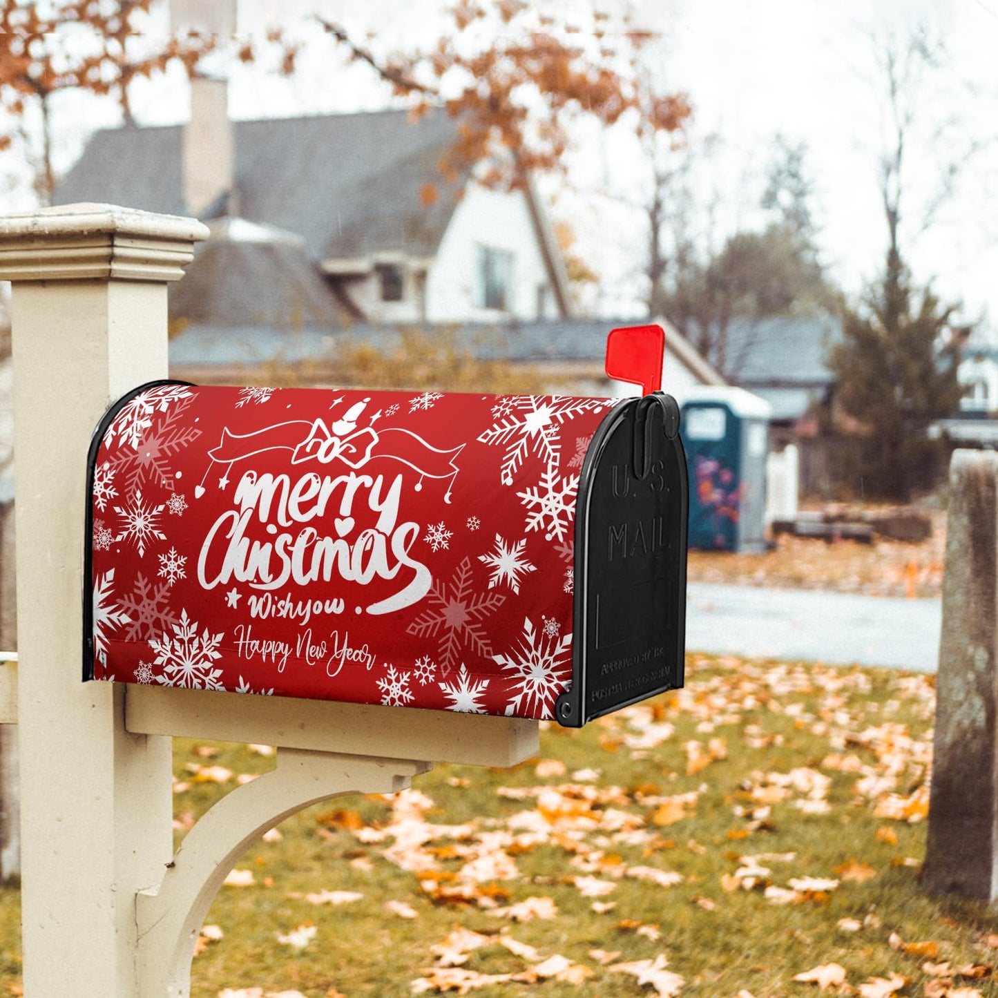 Granbey Merry Christmas Mailbox Cover Magnetic Large Size 25.5x21 Inch Happy New Years Mail Box Post Cover Winter Snowflake Red Xmas Letter Box Wraps for Home Outdoor Garden Yard Decor