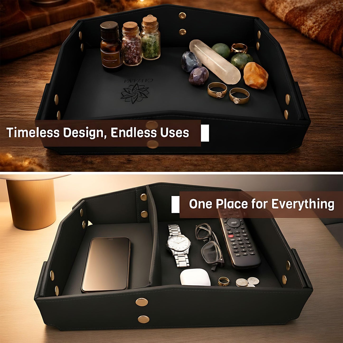 CAVIANA Valet Tray Organizer for Men & Women - PU Leather Catch All Tray with Removable Divider - EDC Storage for Keys, Watch, Phone - Nightstand, Dresser & Desk Organizer - Obsidian Black
