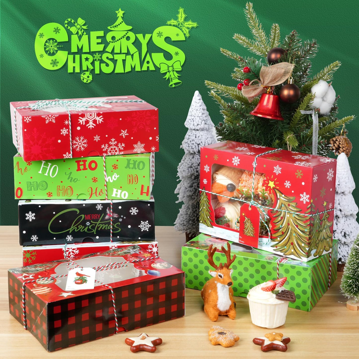 24 Pcs Christmas Cookie Boxes 8.7"x 6"x 2.7" Christmas Bakery Treat Box With Window Tag and Ribbons Goodie Candy Cookie Containers Kraft Paper Cookie Tins for Winter Holiday Xmas Party Gift Giving