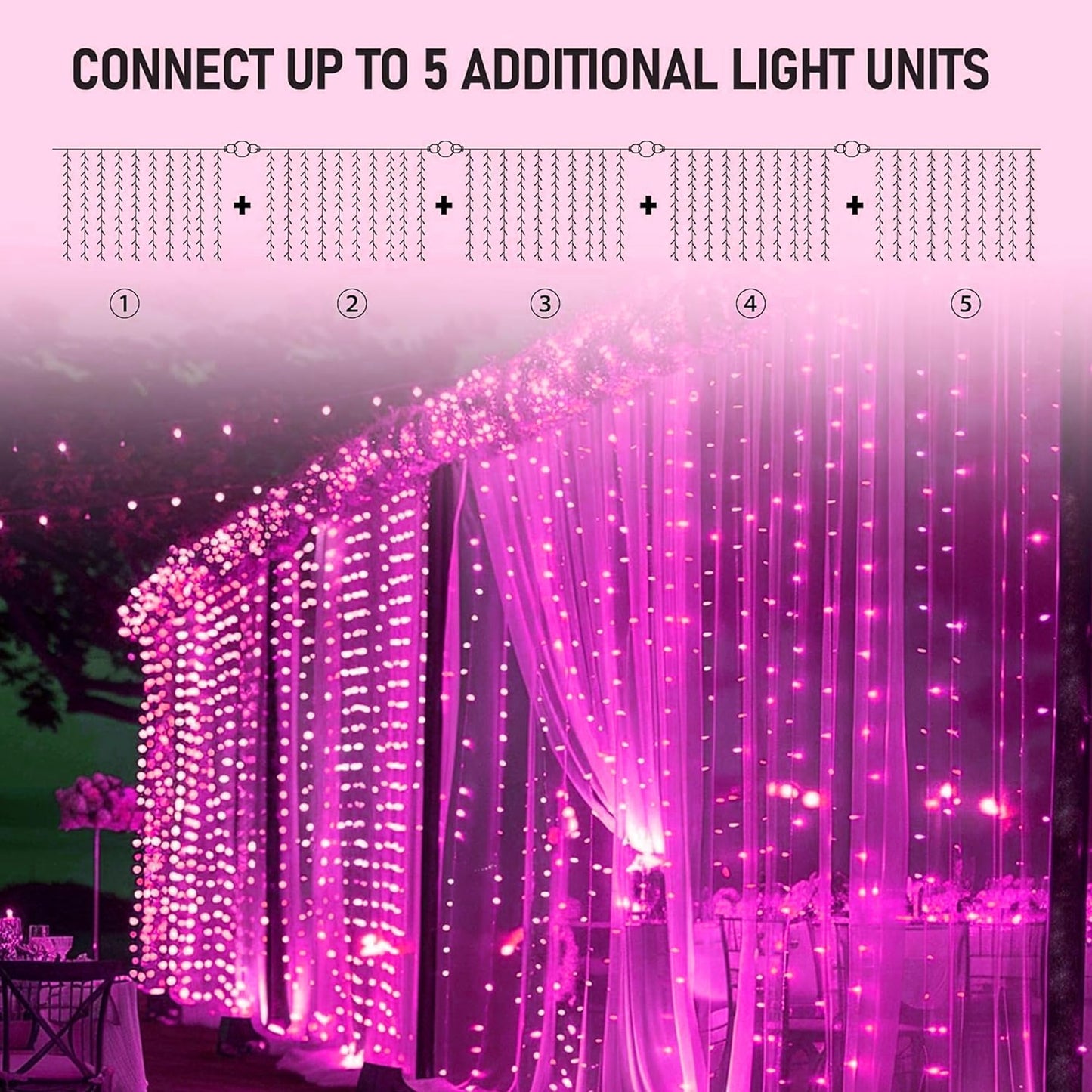 Dazzle Bright 300 LED Curtain String Lights, Valentine's Day Fairy Lights for Bedroom with 8 Lighting Modes, Connectable Waterproof Window Lights Party Wedding Garden Wall Christmas Decor, Pink