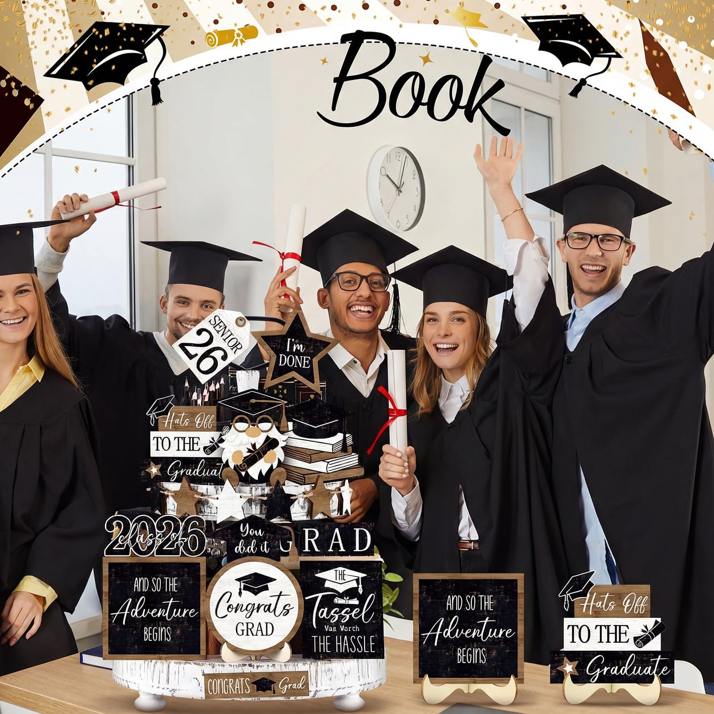 Vercraft 18 Pcs Graduation Tiered Tray Decorations Class of 2026 Tiered Tray Decor Black White Grad Wooden Signs Farmhouse Table Shelf Decoration for Graduation Party Supplies(Grad)