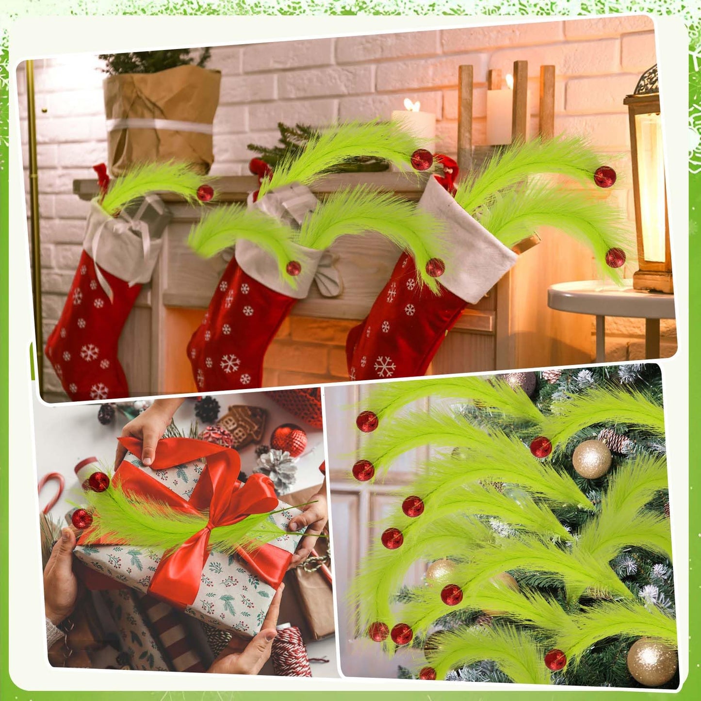 Hananona 30pcs 15" Christmas Picks and Sprays Christmas Tree Filler Green Curly Greenery Stems with Red Ball Xmas Artificial Stems for CraftsTree Decor, Vase Fillers, Home Decorations (30, Green)