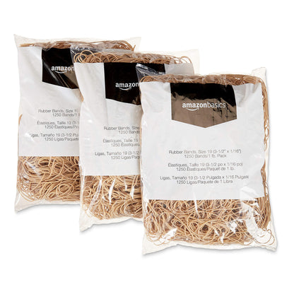 Amazon Basics Rubber Bands, Office Supplies, Size 19 (3-1/2 x 1/16 Inch), Stretchy, 1250 Bands/1 lb. Pack, 3-Pack, Tan