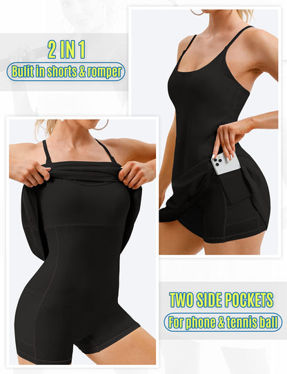 Womens Tennis Dress with Built-in Bra & Shorts Pockets - Summer Golf Athletic Dress in Black