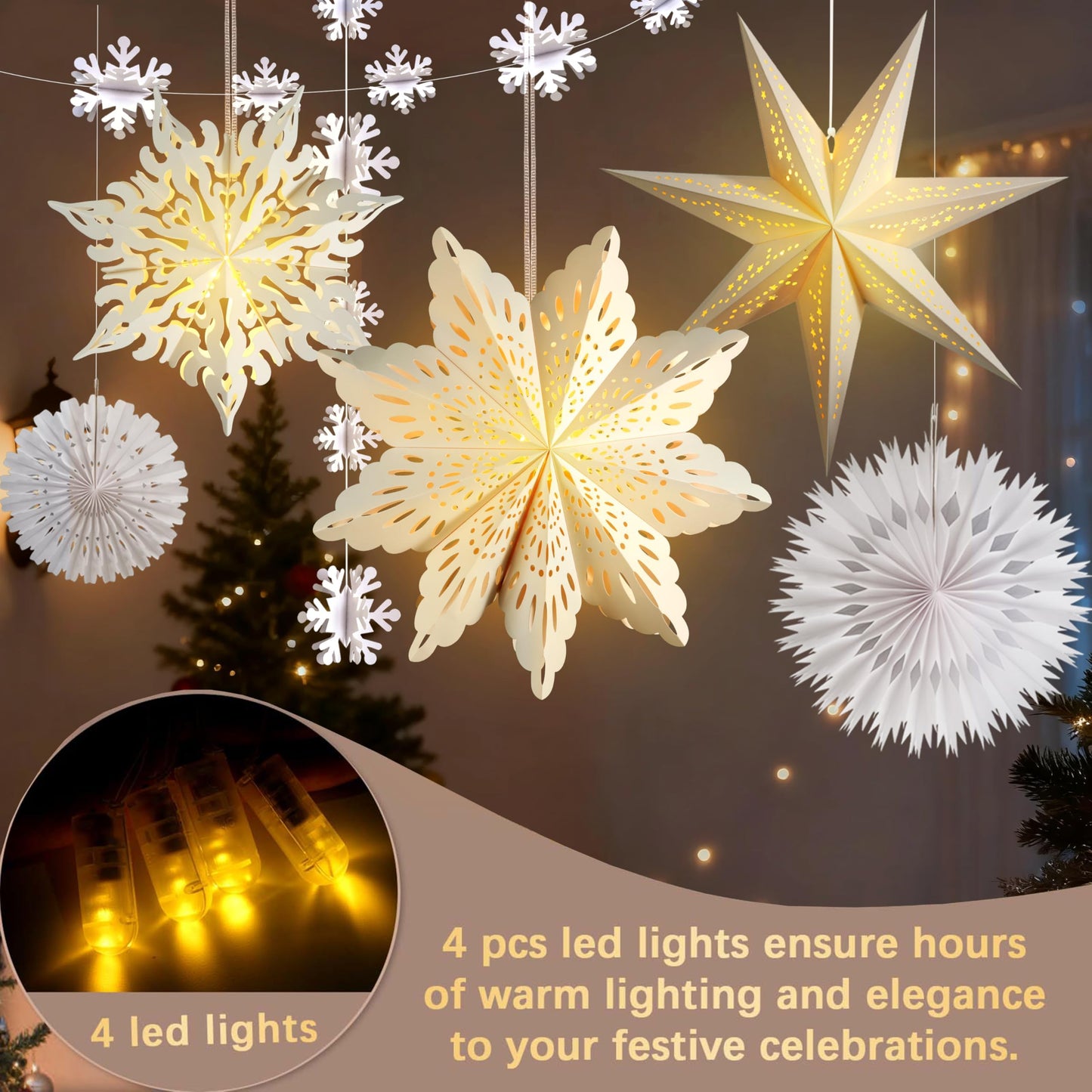 Winter Wonderland Snowflake Party Decorations, Christmas Hanging Decor, White Paper Star Snowflake Lanterns with Lights Paper Fans Garlands Set for Christmas Frozen Winter Birthday Wedding Party Decor