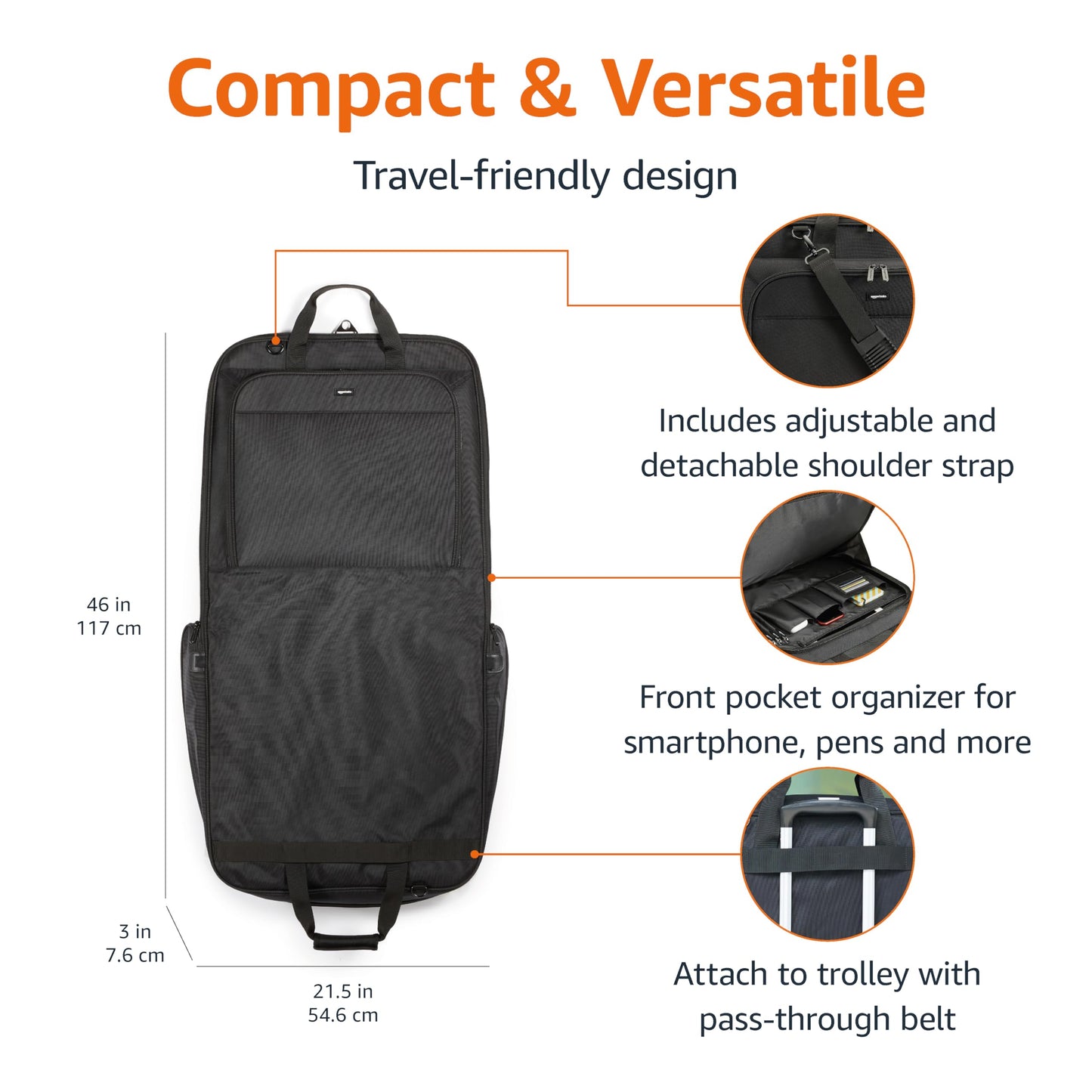 Amazon Basics 46" Premium Garment Bag for Travel, Suit Bag with Shoulder Strap for Suits and Dresses, 1680D Polyester Fabric, Exterior/Interior Pockets, Leather-reinforced Corners, Trifold, Black