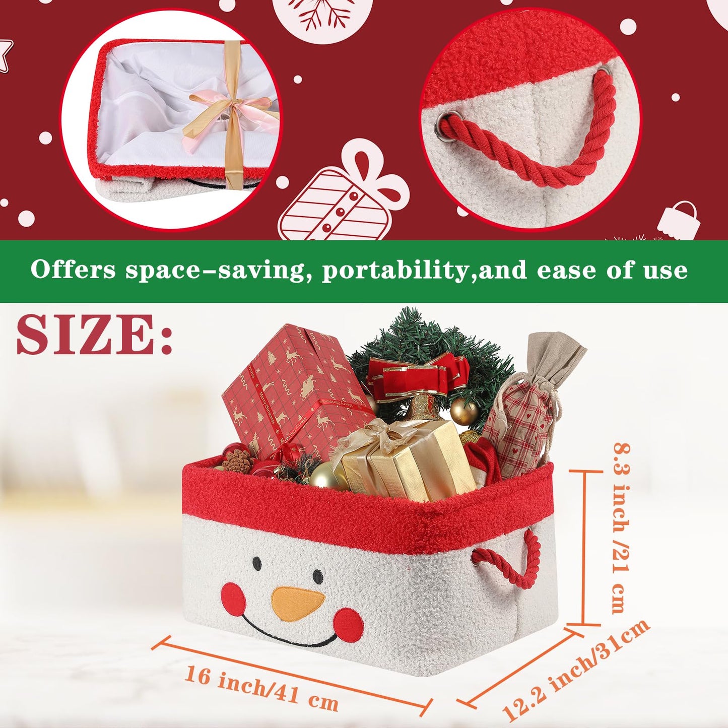 INough Christmas Gift Basket, Large Red Collapsible Storage Basket with Handles, Empty Holiday Basket for Gifts, Blankets, Baby Items and Home Christmas Decorations